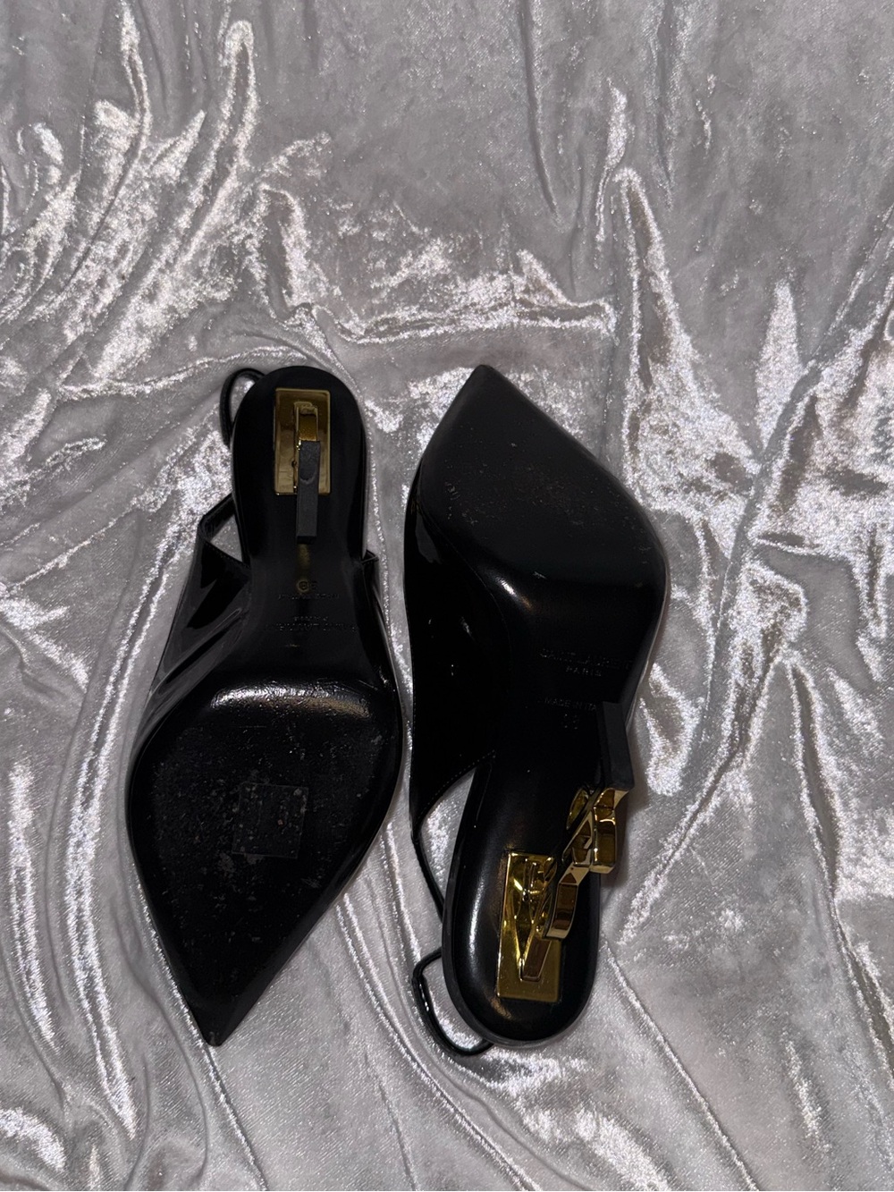 Saint Laurent Black Patent Opyum Slingback Heels with Gold Logo Heel - Picture 9 of 13